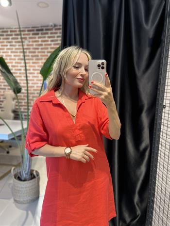 V Yaka Nar Çiçeği  Ara Boy Keten Elbise