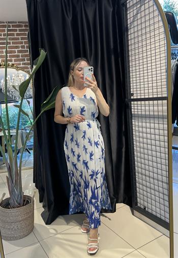 V Yaka Piliseli Şifon Mavi Desenli Maxi Elbise