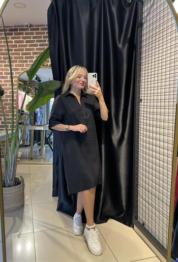 V Yaka Siyah Ara Boy Keten Elbise