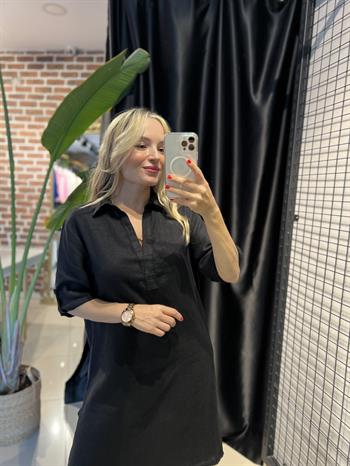 V Yaka Siyah Ara Boy Keten Elbise