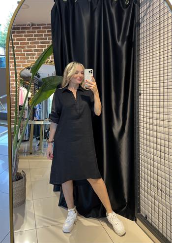 V Yaka Siyah Ara Boy Keten Elbise