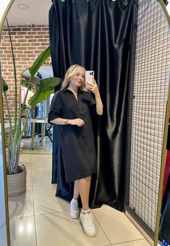 V Yaka Siyah Ara Boy Keten Elbise