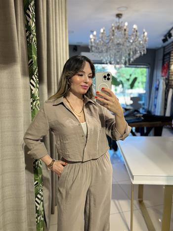 Vizon Rengi Mevsimlik Crop Gömlekli Takım