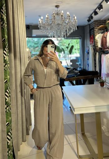 Vizon Rengi Mevsimlik Crop Gömlekli Takım