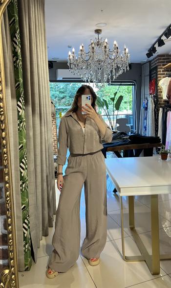 Vizon Rengi Mevsimlik Crop Gömlekli Takım