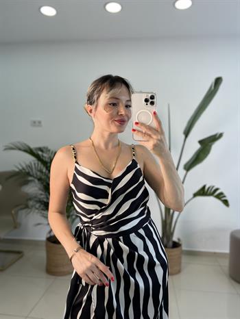 Yandan Bağlama Detaylı Zebra Desen Saten Elbise