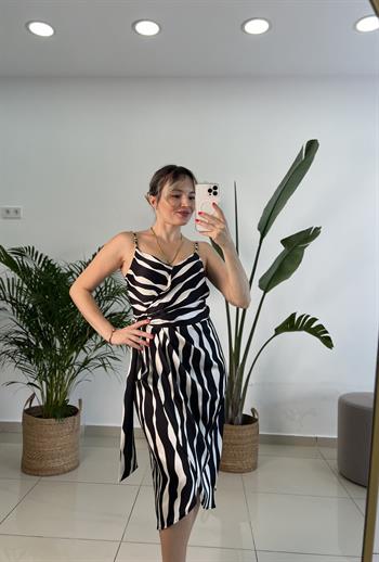 Yandan Bağlama Detaylı Zebra Desen Saten Elbise