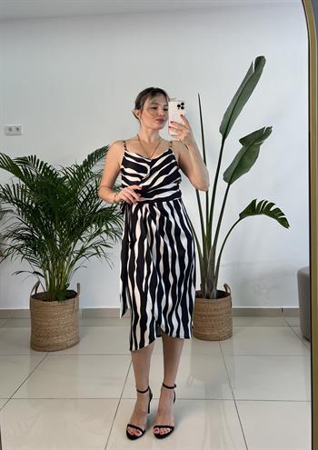Yandan Bağlama Detaylı Zebra Desen Saten Elbise