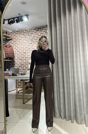 Yarım Palazzo Kahverengi Deri Pantolon