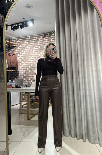 Yarım Palazzo Kahverengi Deri Pantolon