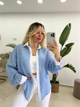 Yarım Parlak Dokulu Çizgi Desenli Mavi Gömlek
