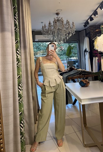 Yeşil Tensel Kumaş Palazzo Pantalon