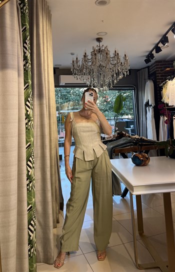 Yeşil Tensel Kumaş Palazzo Pantalon
