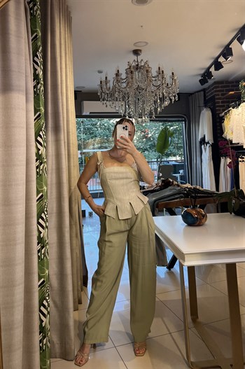 Yeşil Tensel Kumaş Palazzo Pantalon