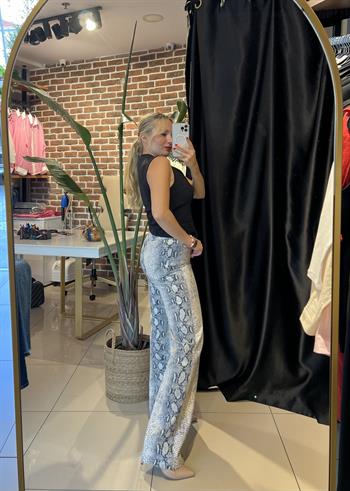 Yılan Desen Wide Leg Denim Pantolon