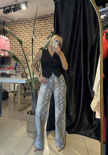 Yılan Desen Wide Leg Denim Pantolon