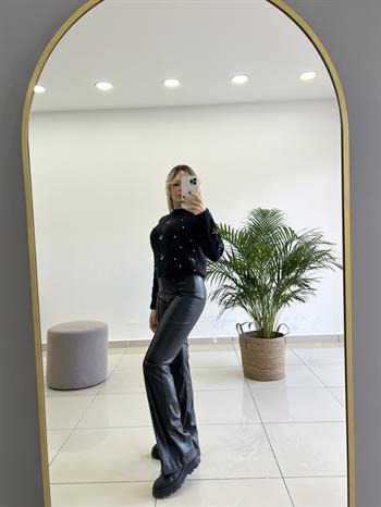 Yırtmaçlı Sıcak Astar Siyah Yarım İspanyol Deri Pantolon