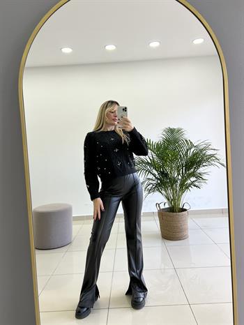 Yırtmaçlı Sıcak Astar Siyah Yarım İspanyol Deri Pantolon