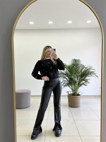 Yırtmaçlı Sıcak Astar Siyah Yarım İspanyol Deri Pantolon