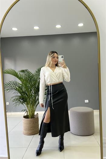 Yırtmaçlı Siyah Deri Etek