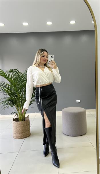 Yırtmaçlı Siyah Deri Etek