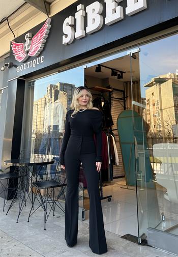 Yüksek Bel İspanyol Paça Siyah Pantolon