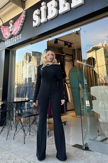 Yüksek Bel İspanyol Paça Siyah Pantolon