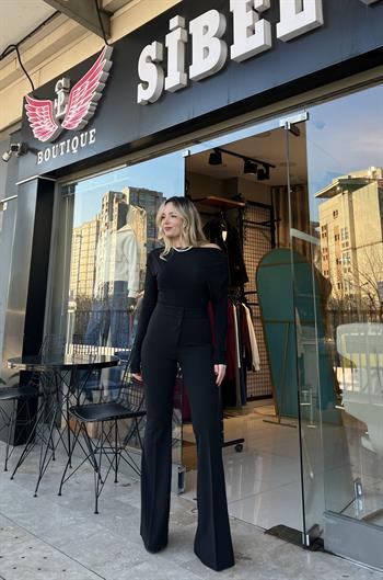 Yüksek Bel İspanyol Paça Siyah Pantolon