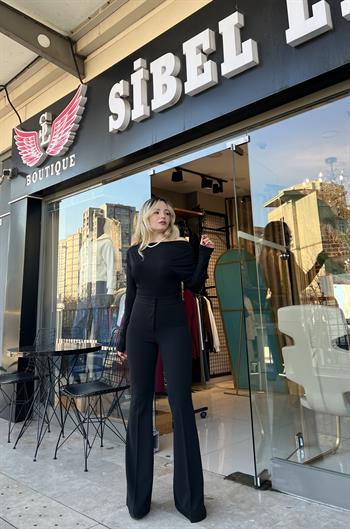 Yüksek Bel İspanyol Paça Siyah Pantolon