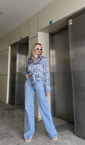 Yüksek Bel Kar Yıkama Mavi Palazzo Jean 