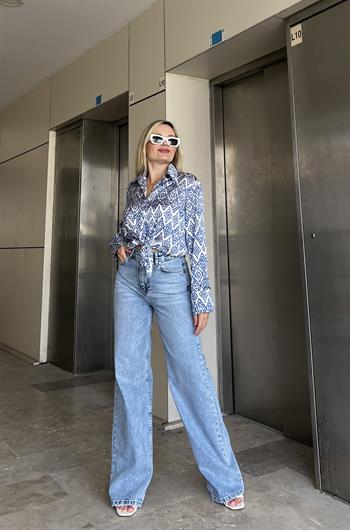 Yüksek Bel Kar Yıkama Mavi Palazzo Jean 