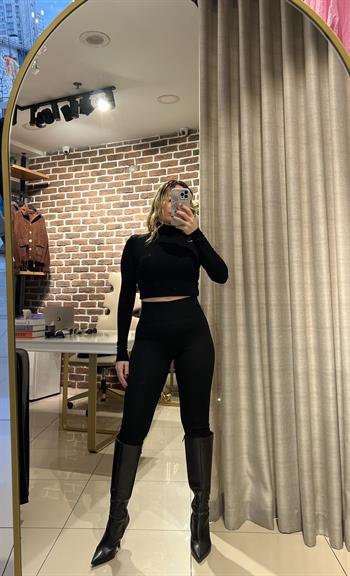 Yüksek Bel Korsajlı Siyah Çelik Tayt