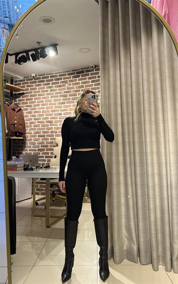 Yüksek Bel Korsajlı Siyah Çelik Tayt