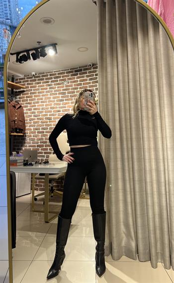 Yüksek Bel Korsajlı Siyah Çelik Tayt