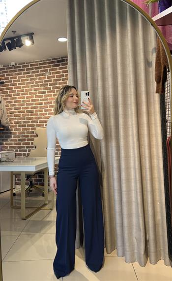 Yüksek Bel Full Likralı Lacivert Palazzo Pantolon