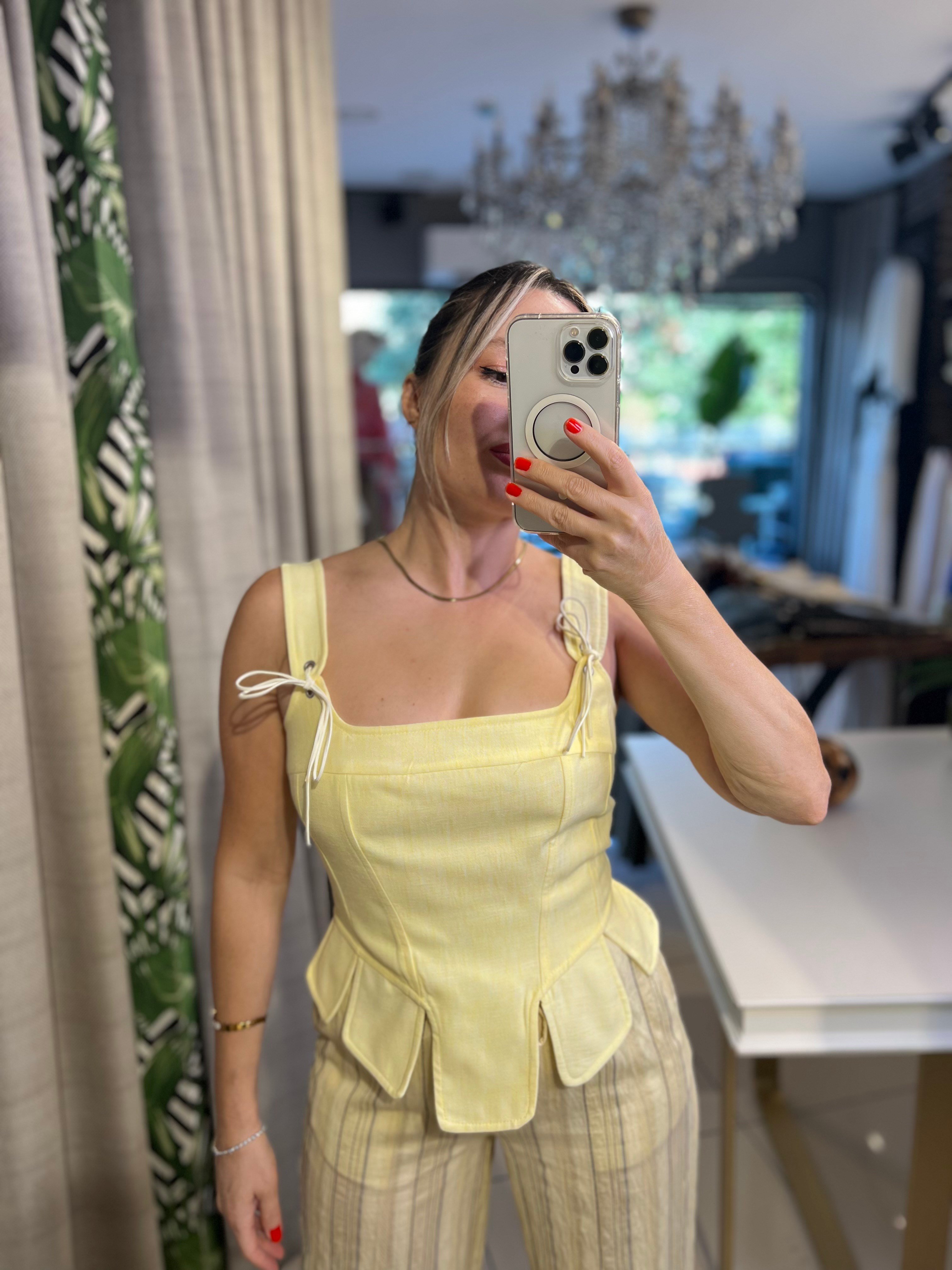 Askı Detaylı Sarı Korse Bluz