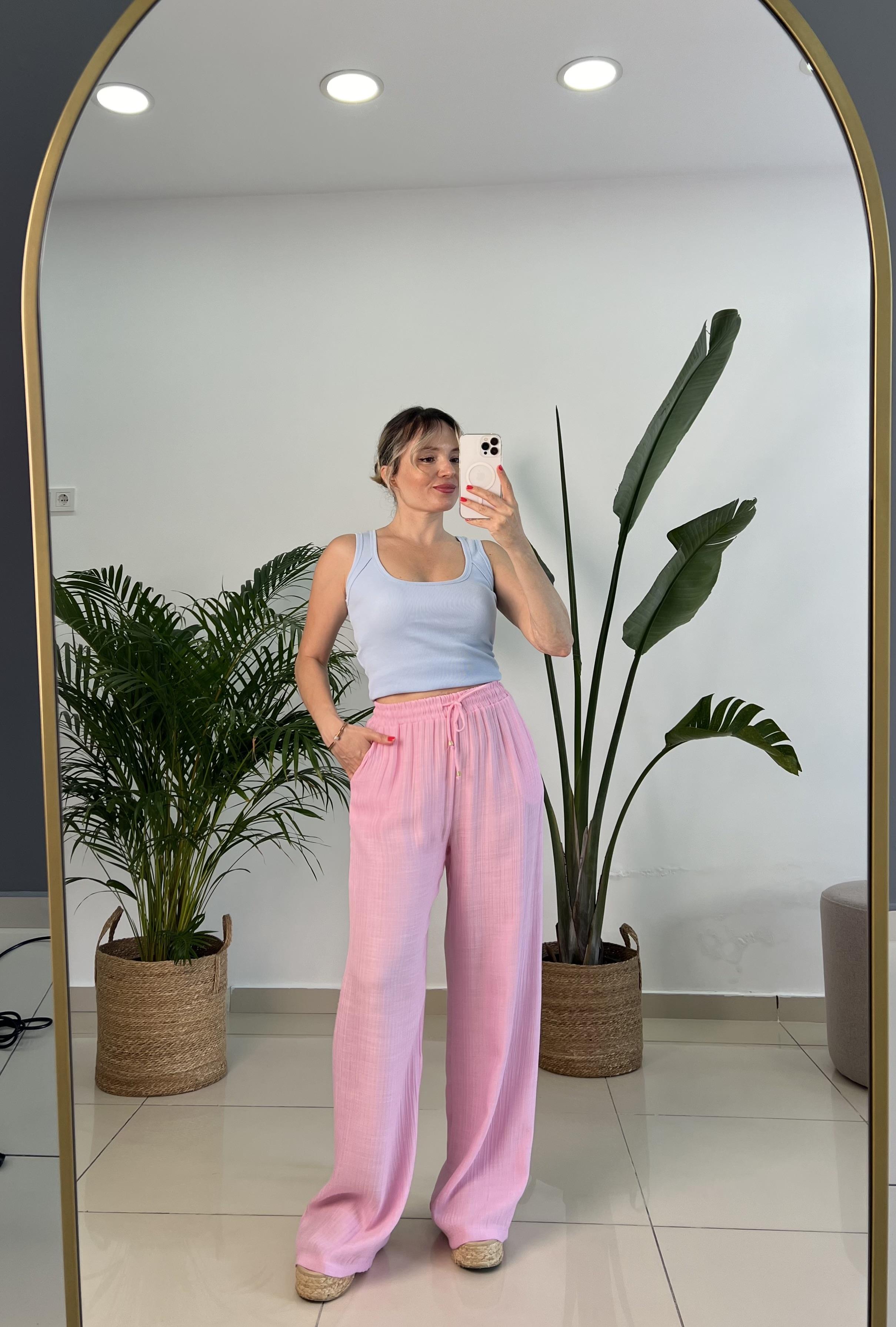 Beli Lastikli İpek Keten Pembe Palazzo Pantolon