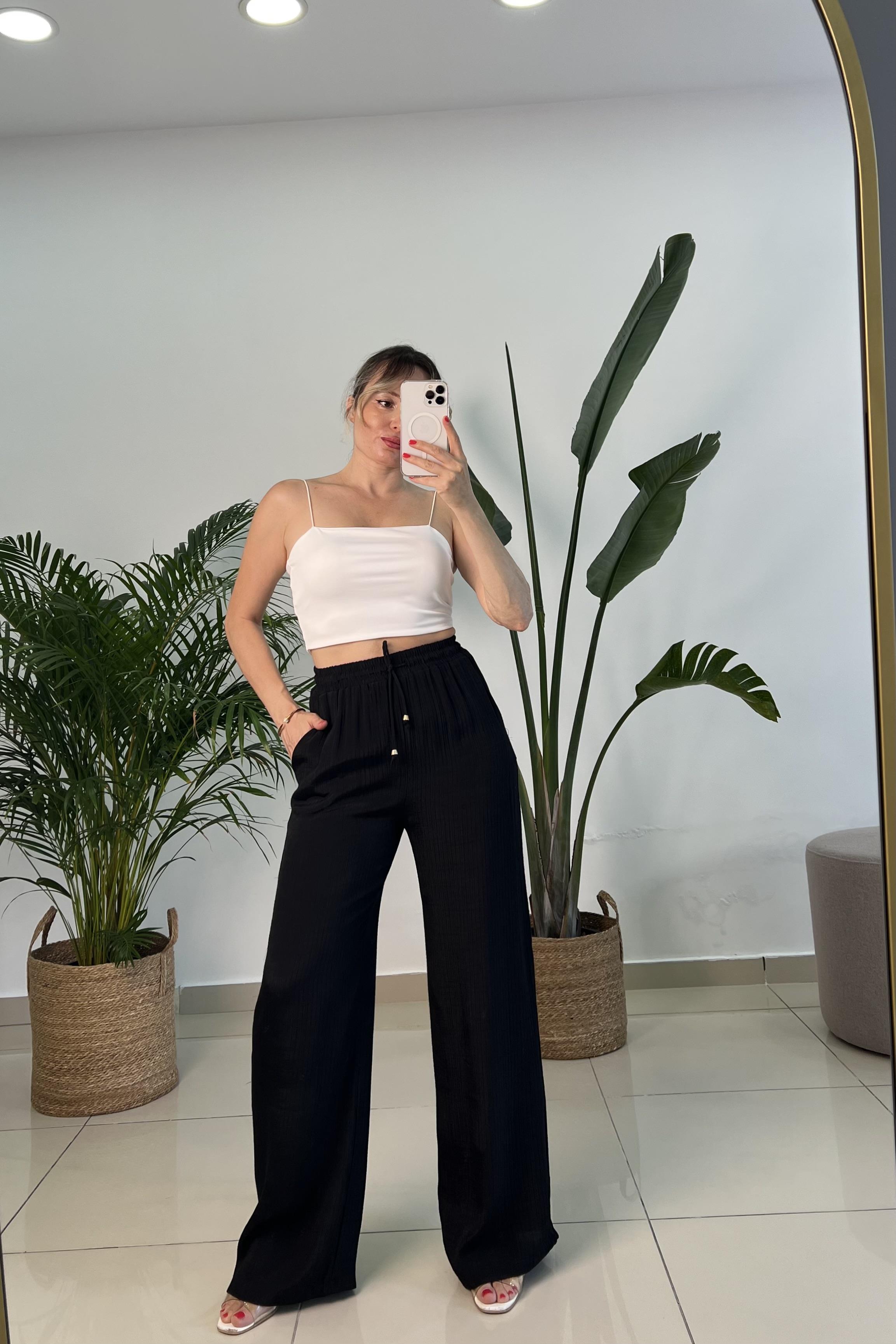 Beli Lastikli İpek Keten Siyah Palazzo Pantolon