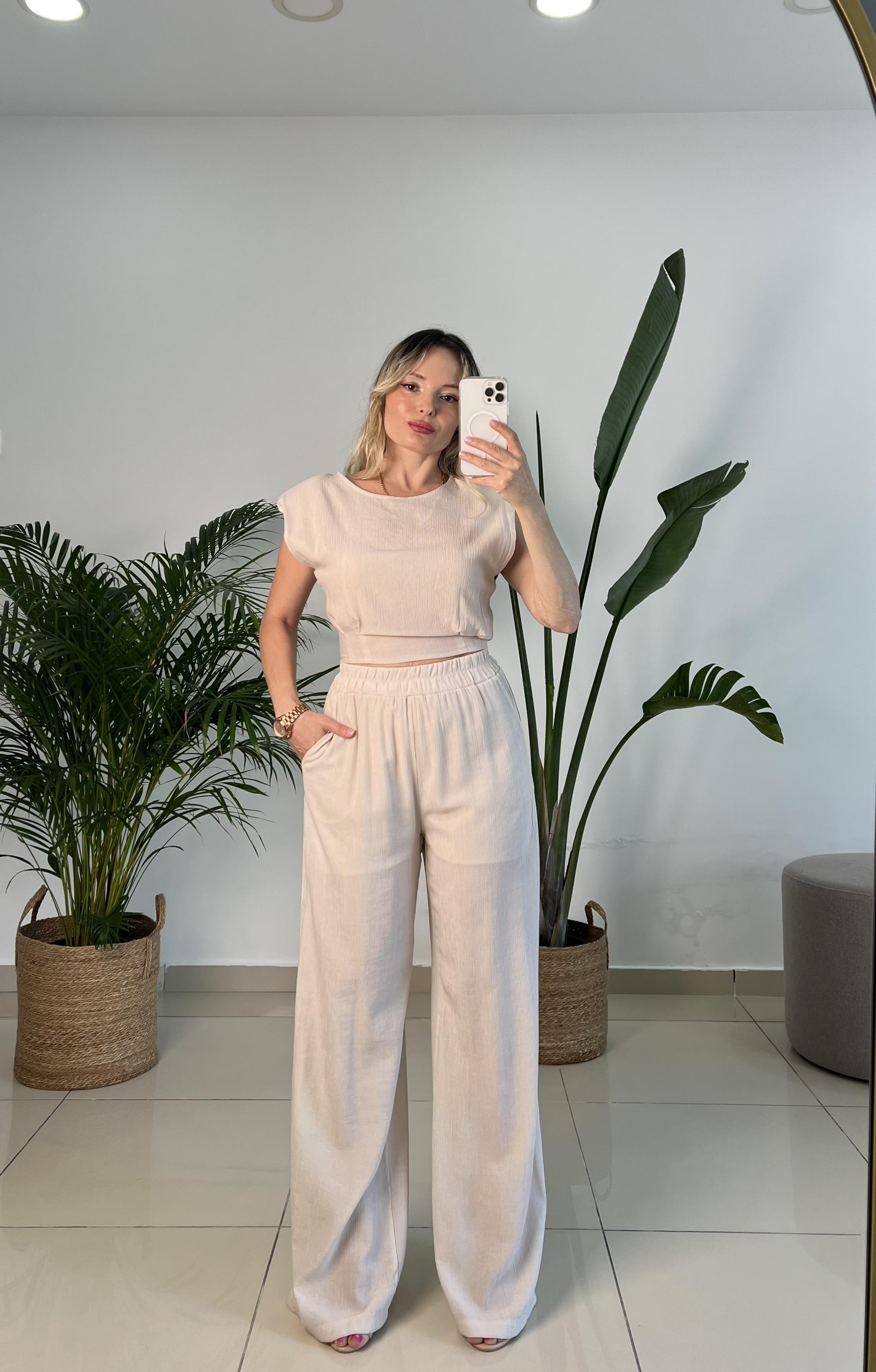 Beli Lastikli Taş Renk Pantolon