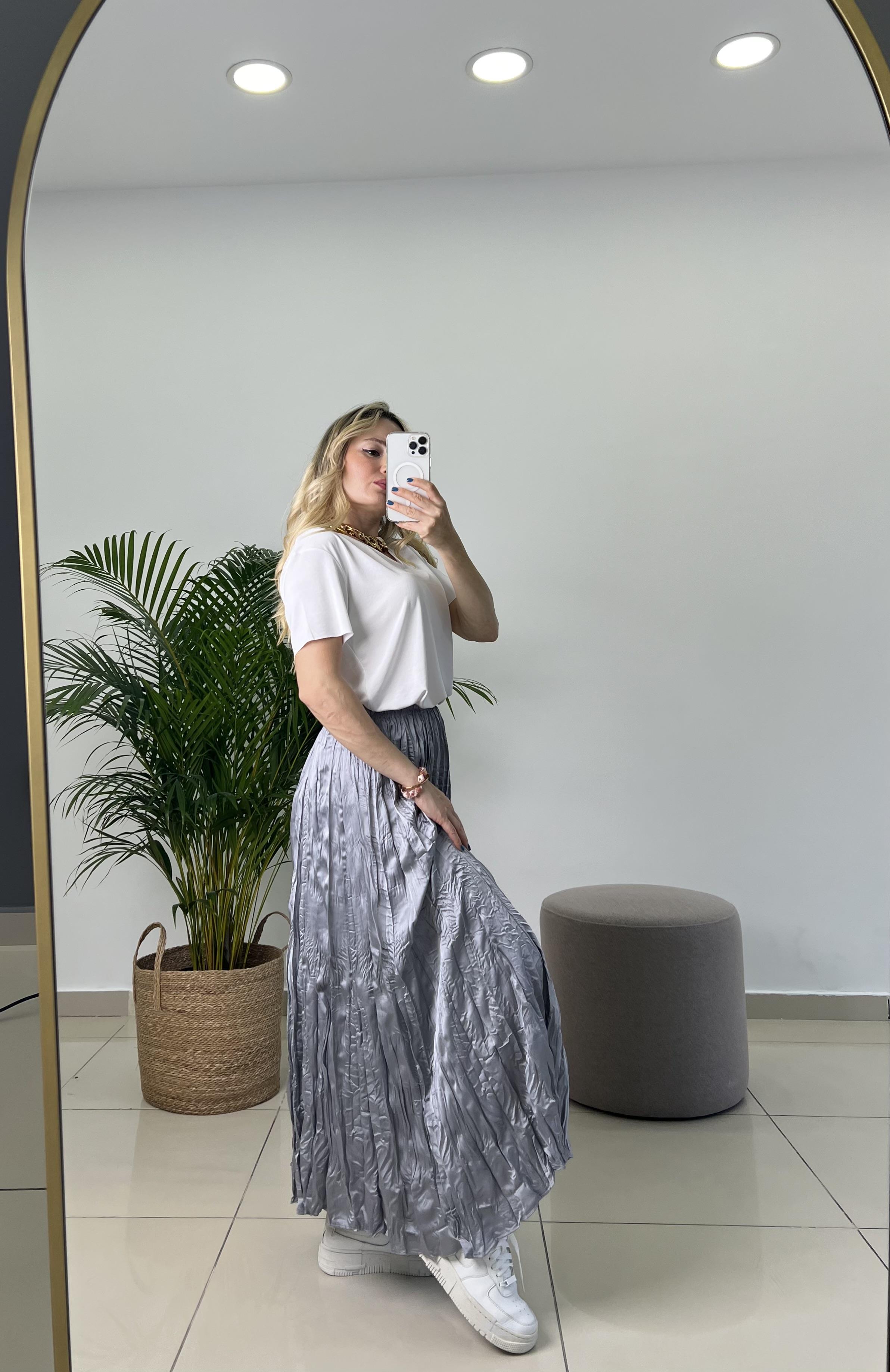 Buruşuk Kumaş Gri Midi Etek