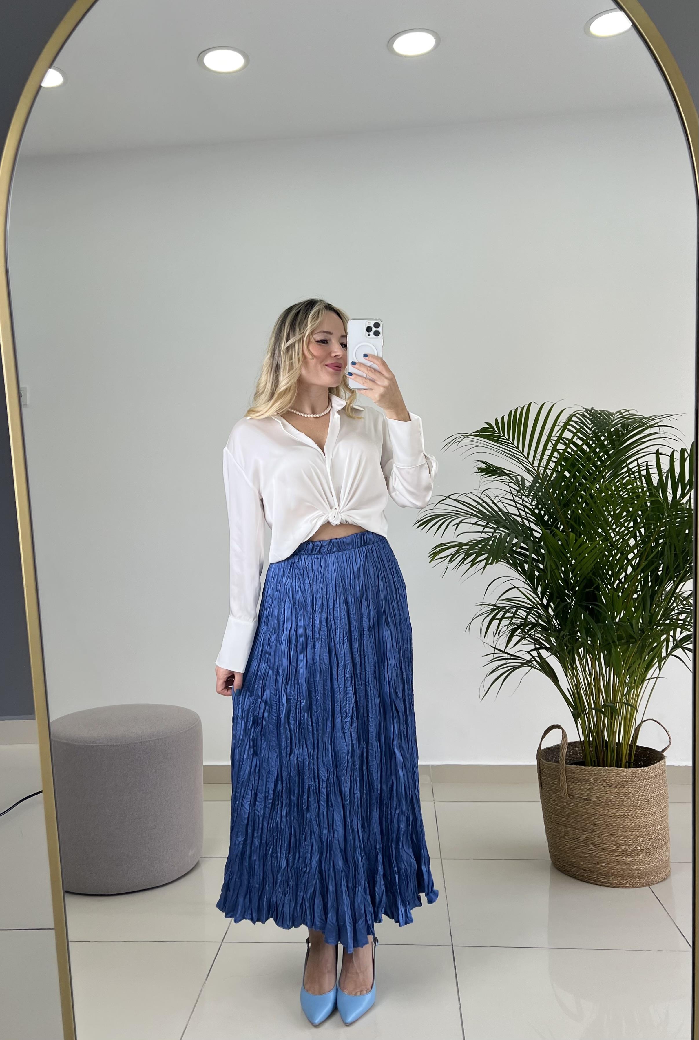 Buruşuk Kumaş Mavi Midi Etek