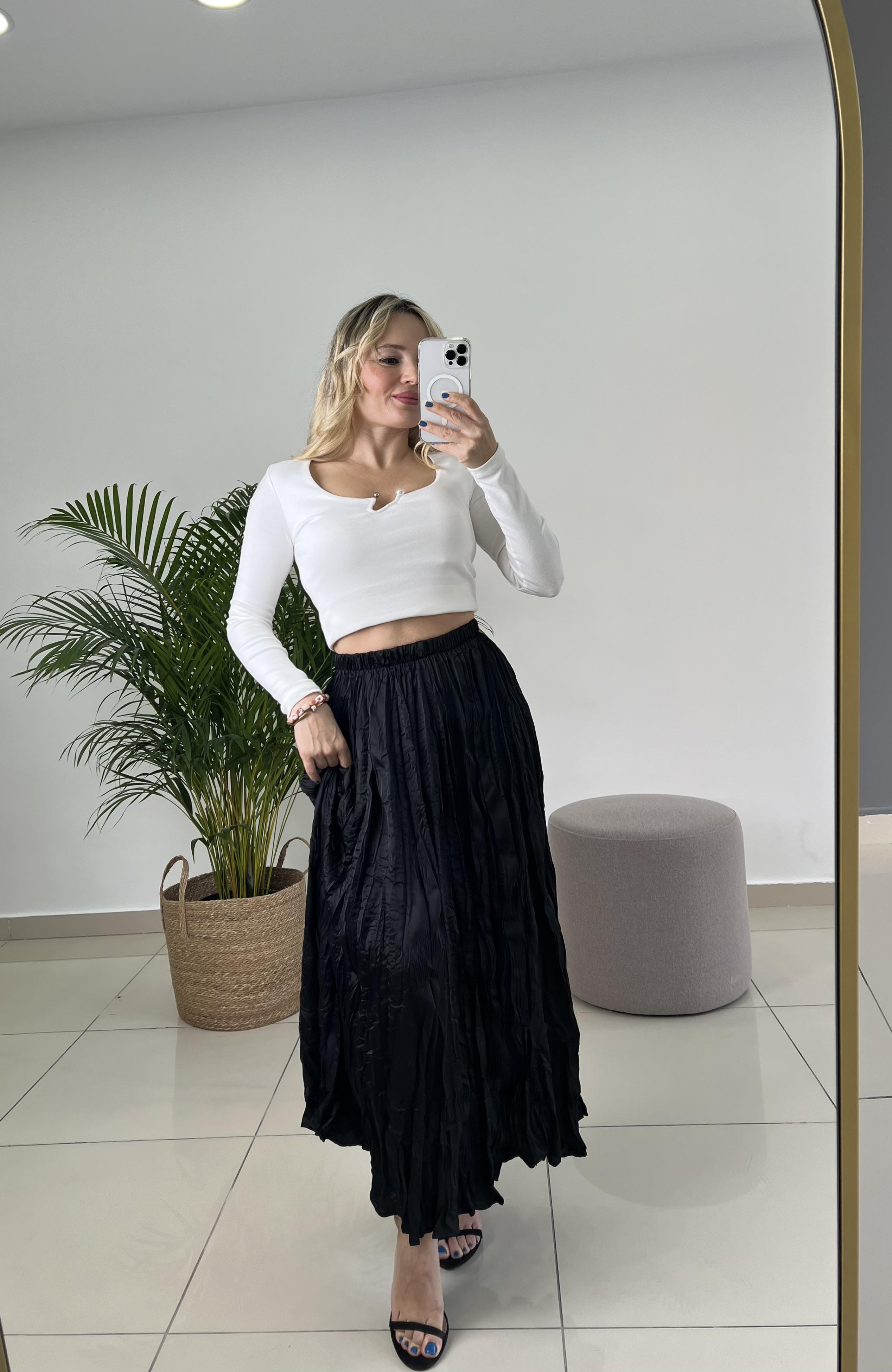 Buruşuk Kumaş Siyah Midi Etek