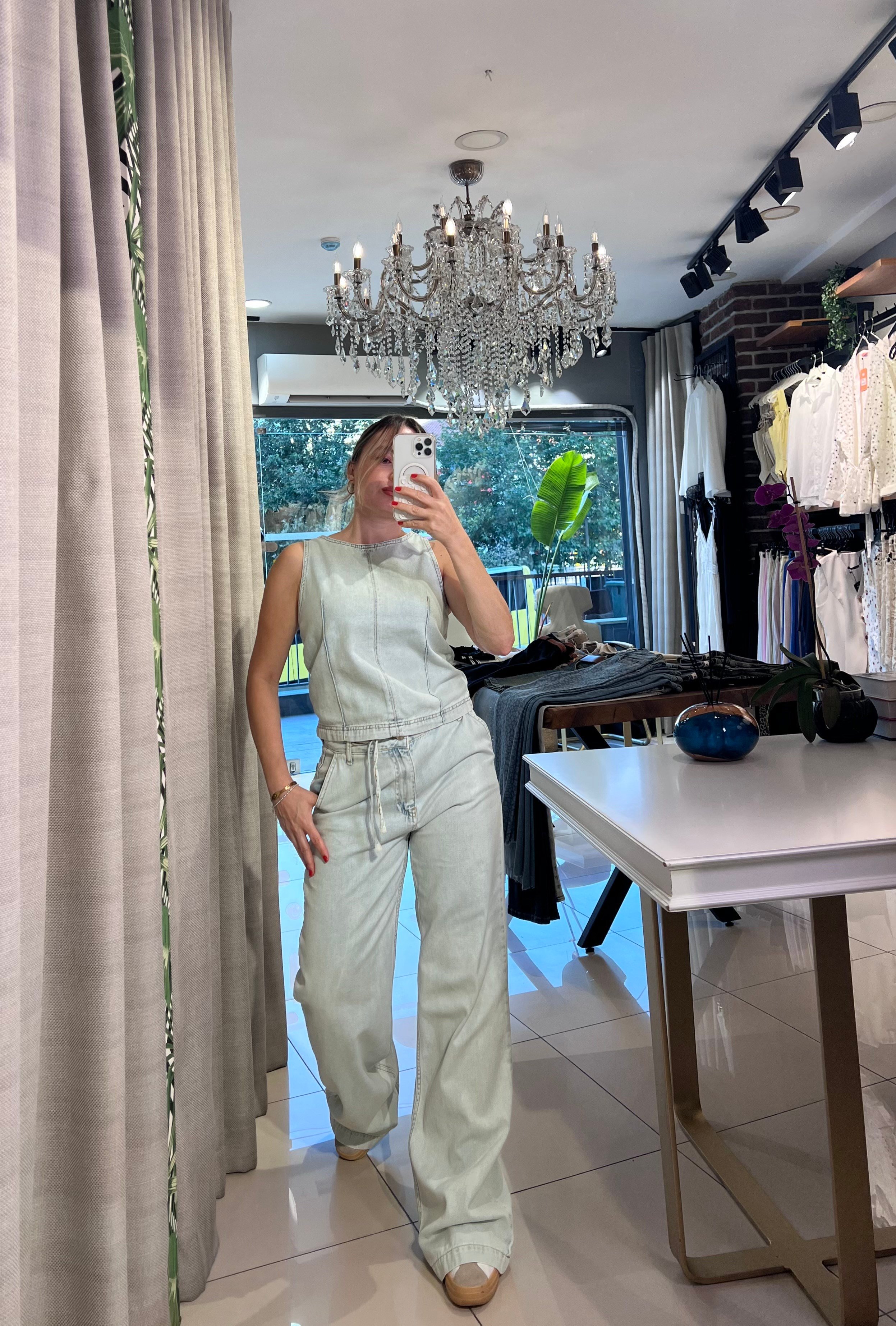 Buz Mavisi Denim Bluz Pantolon Takım