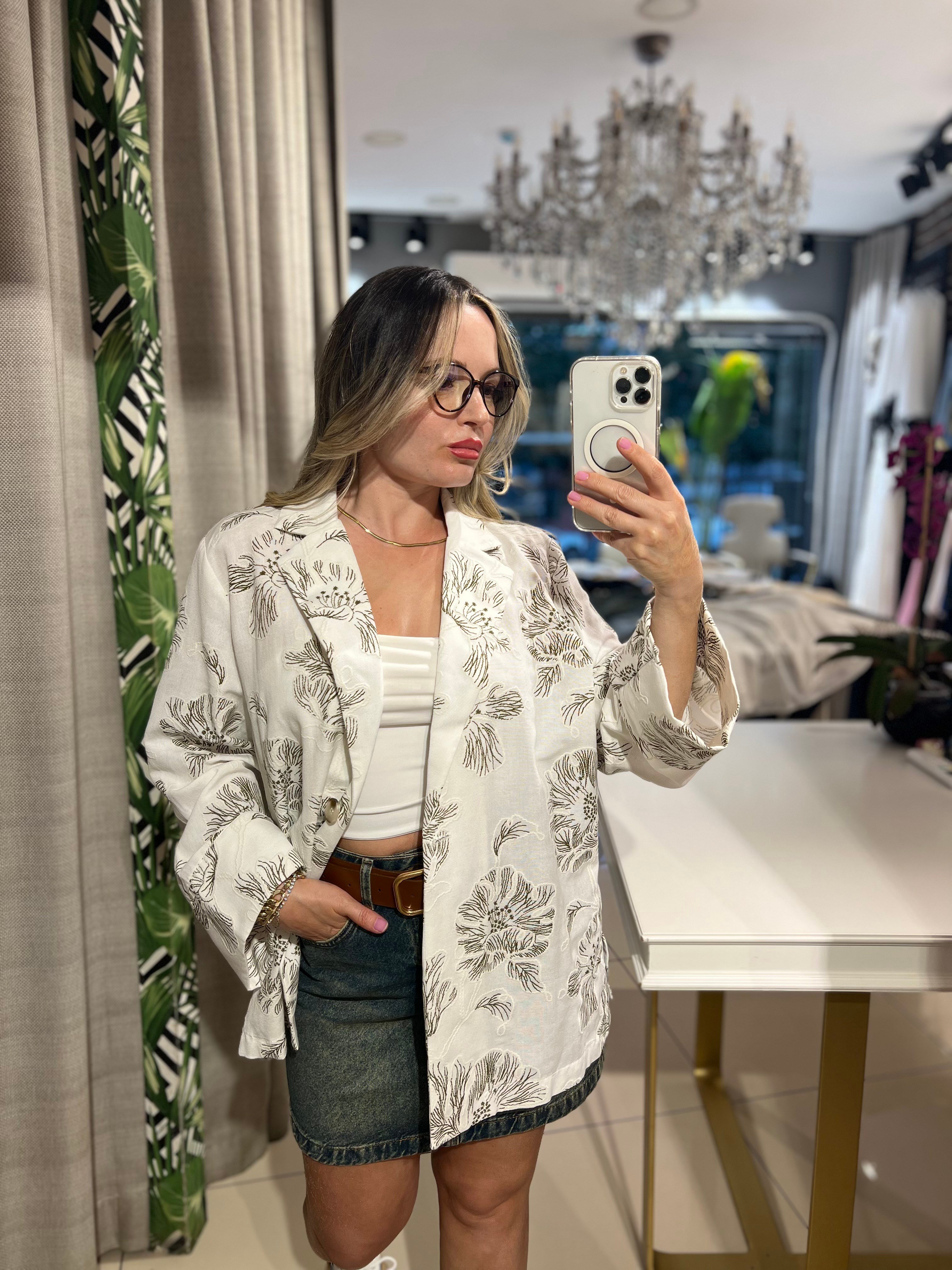 Çiçek Nakışlı Keten Blazer Ceket