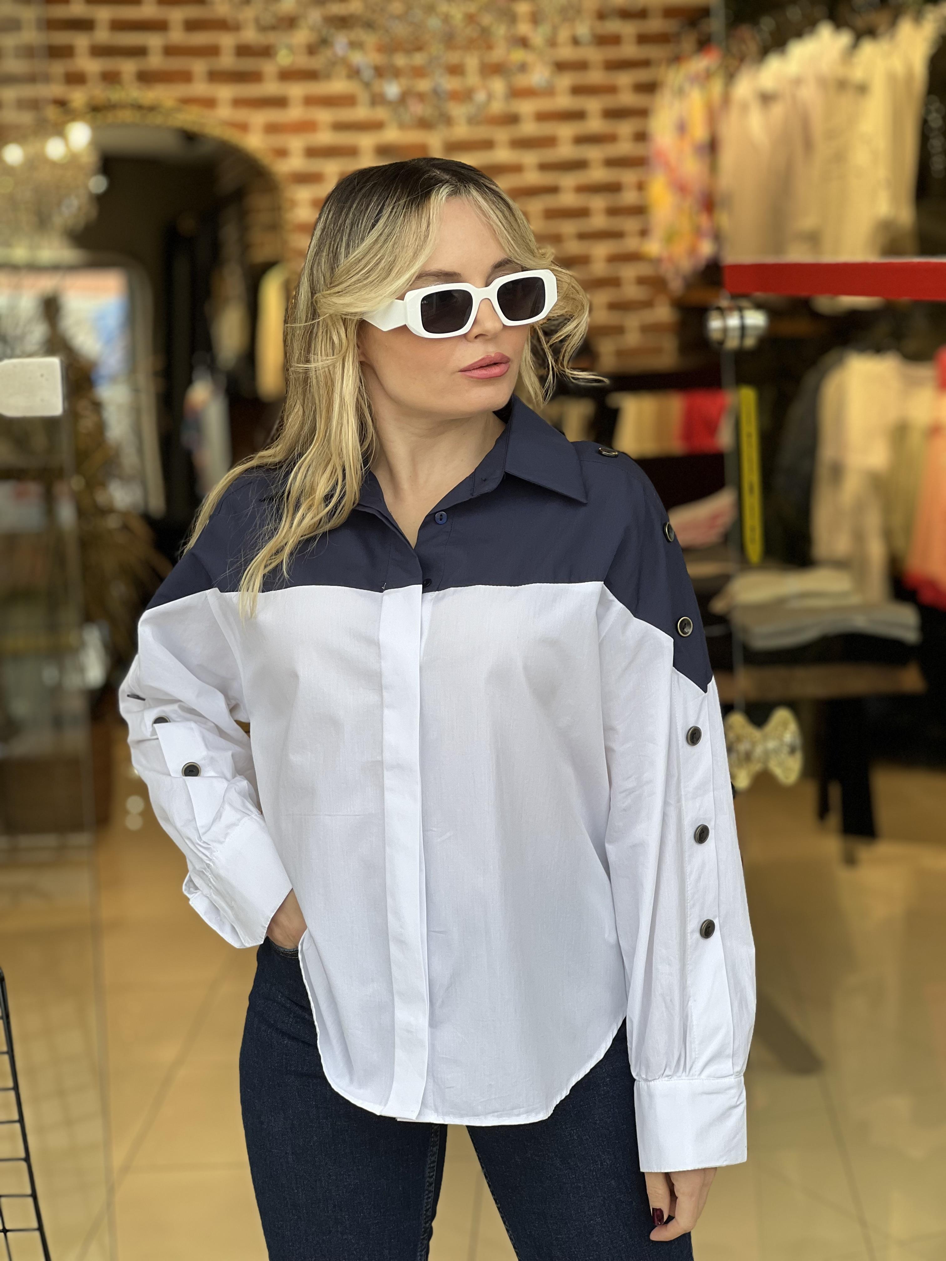 Çift Renkli Kol Kısım Düğme Detaylı Poplin Gömlek