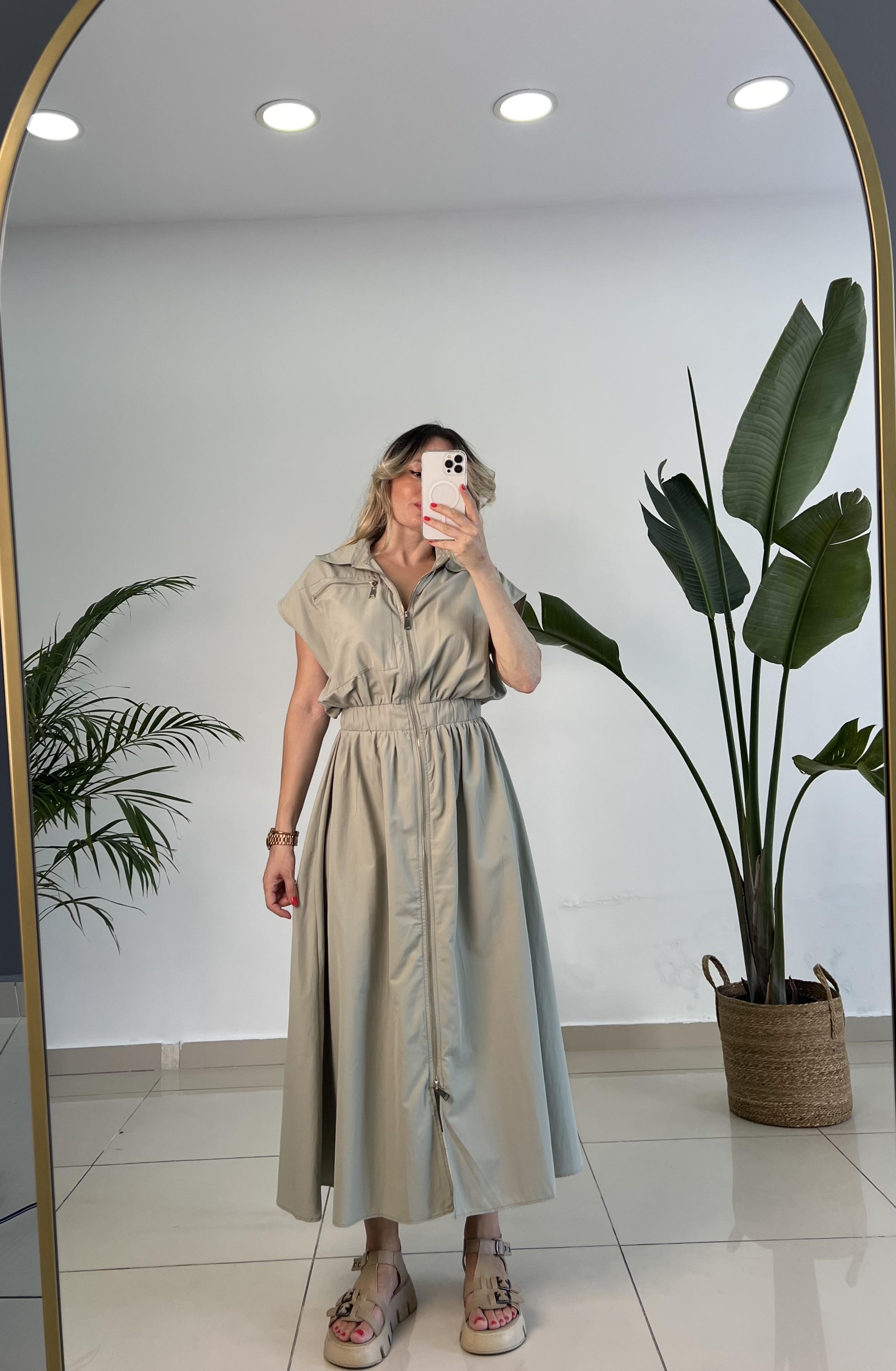 Fermuarlı Poplin Olive Yeşili Elbise