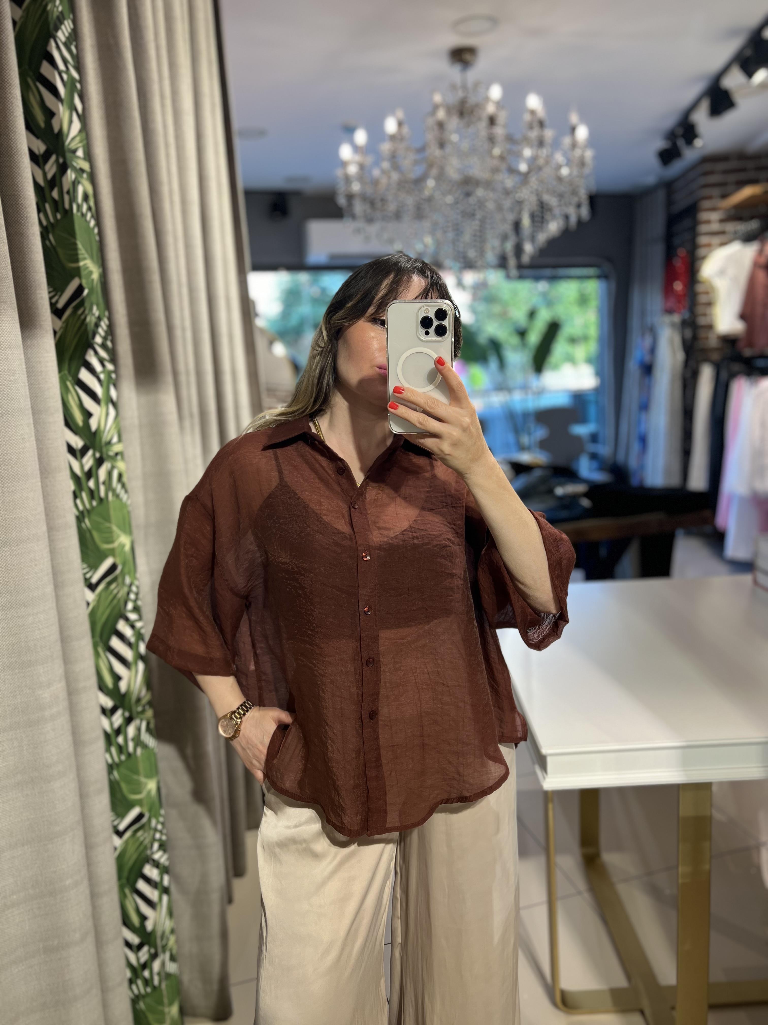 Kahverengi Oversize İpeksi Gömlek