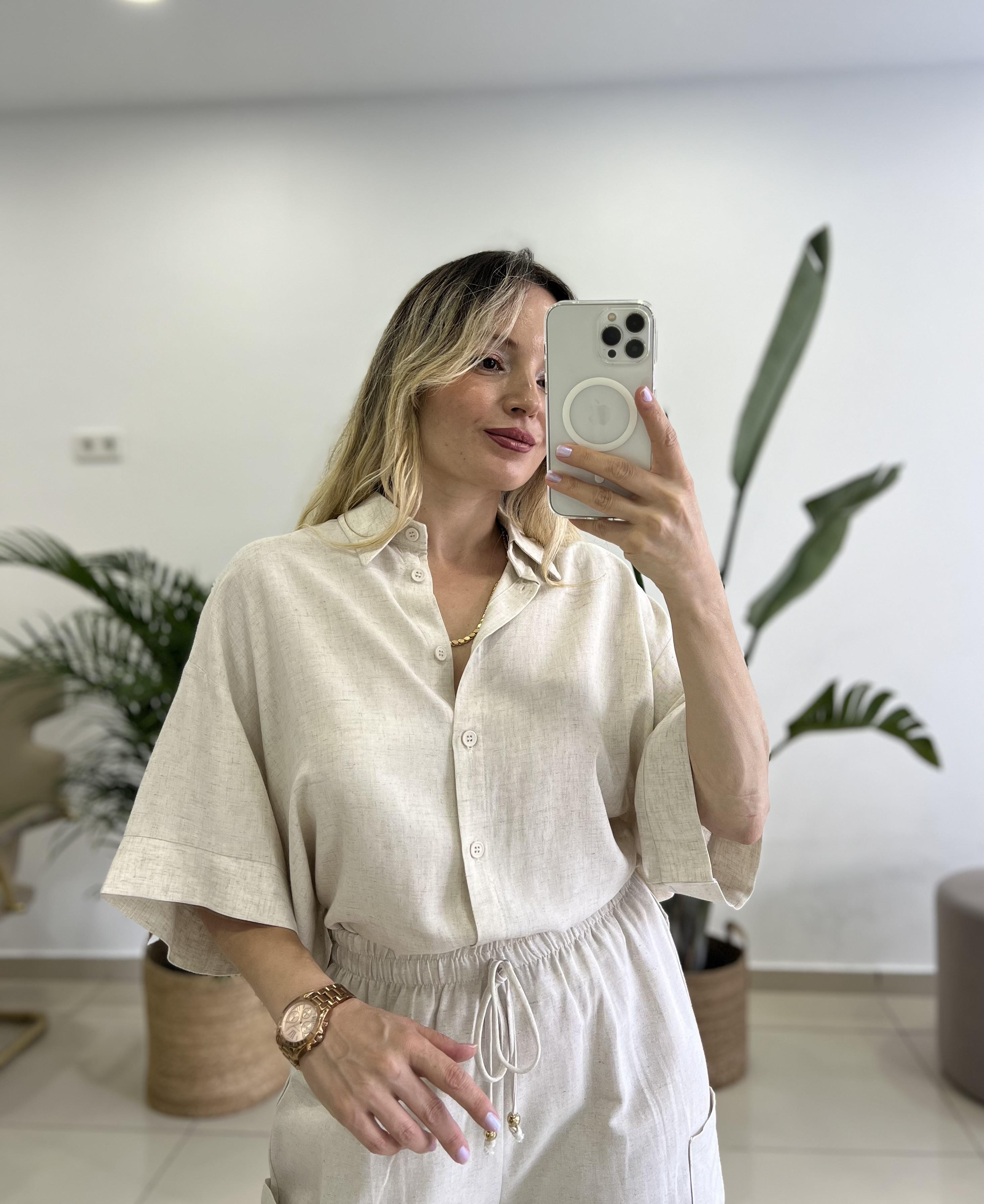 Kısa Kollu Ham Keten Gömlek