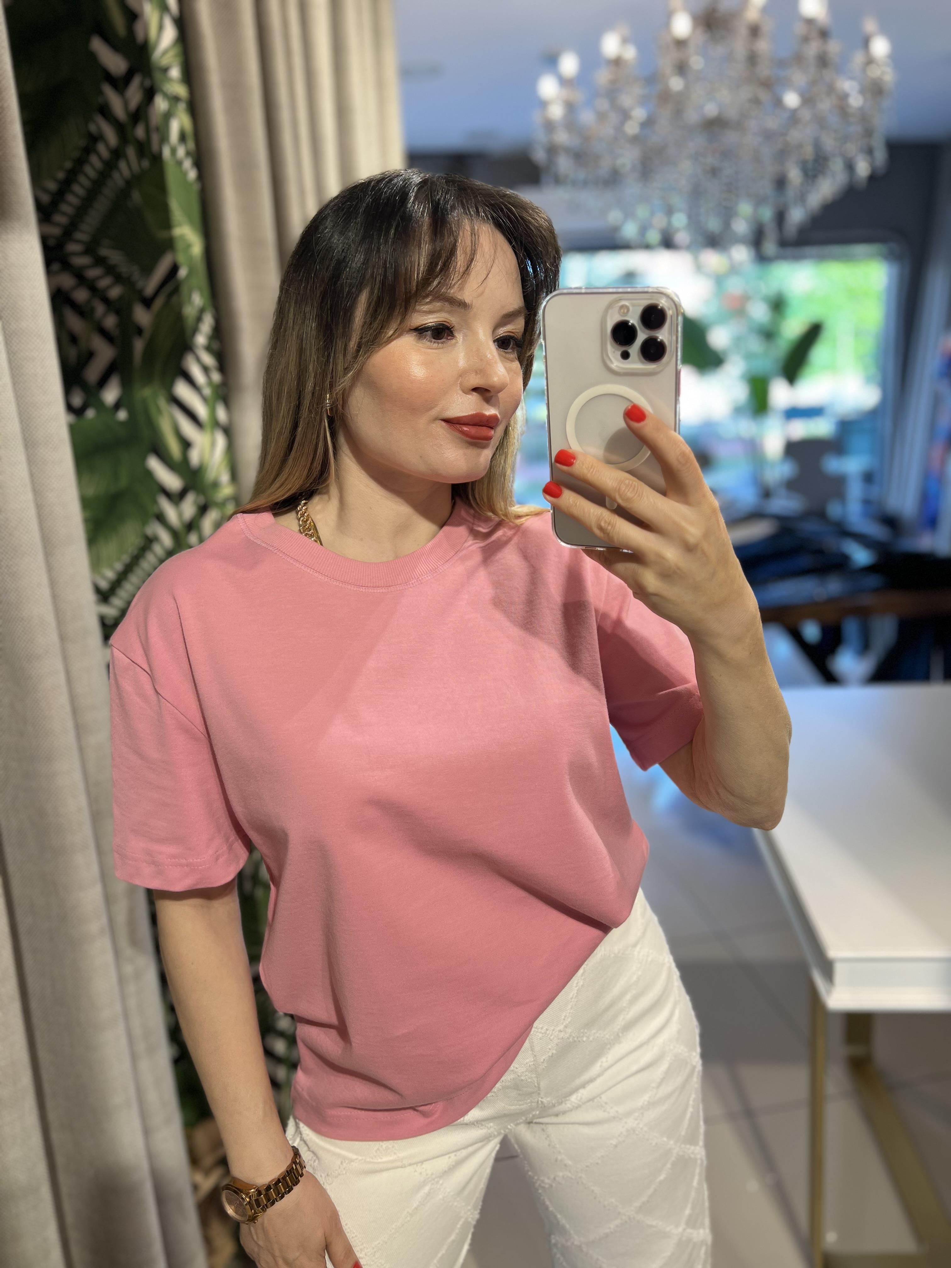 Pembe Bisiklet Yaka Cotton Pamuk Tişört