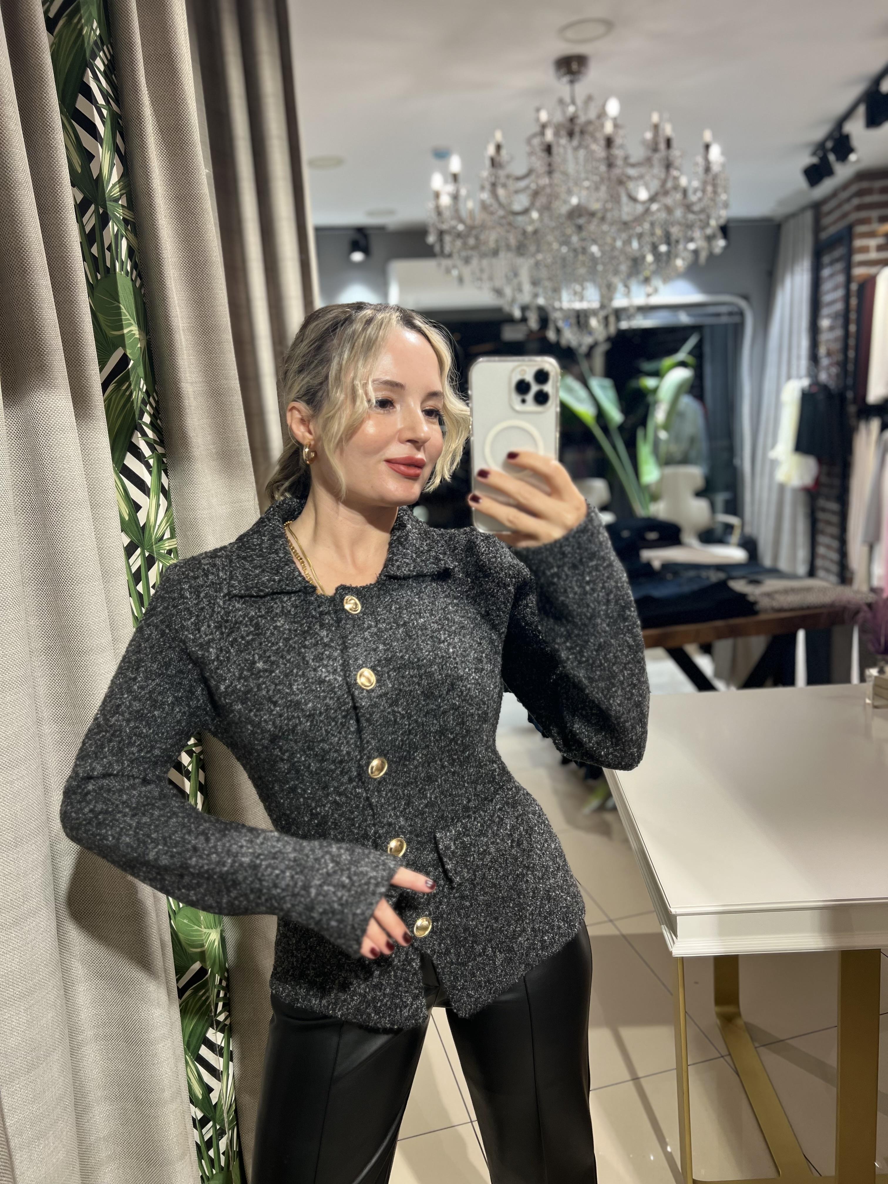 Polo Yaka Düğmeli Antrasit Triko Hırka